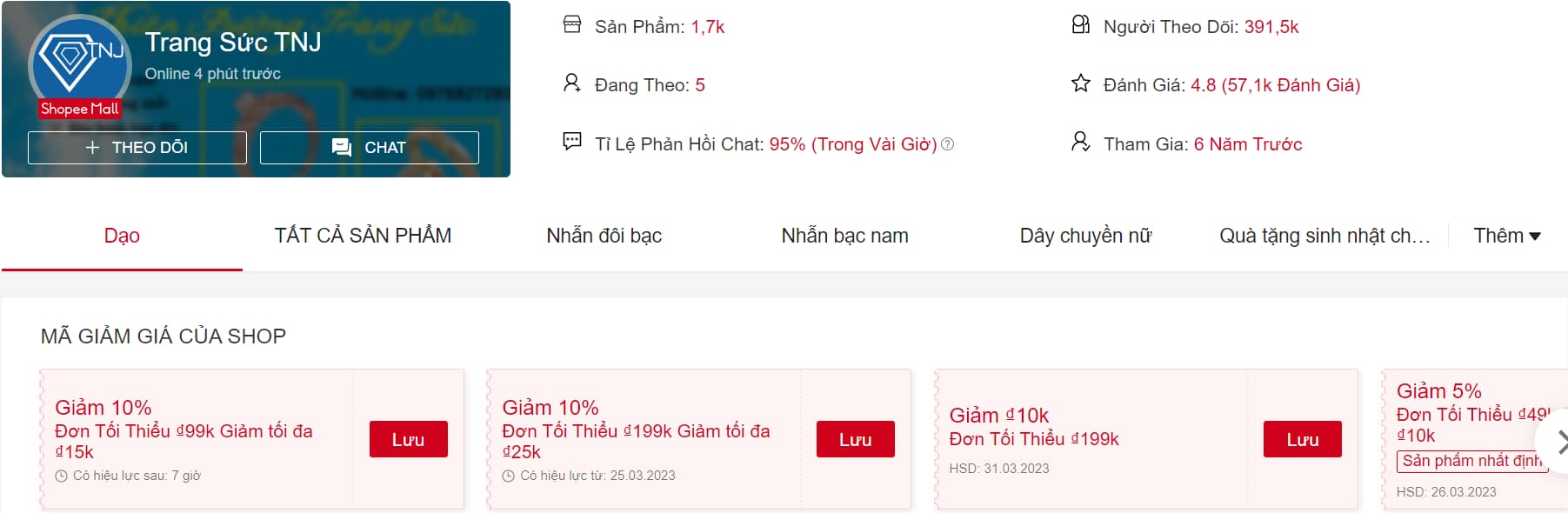 Gợi ý TOP 9 cửa hàng trang sức bạc uy tín nhất trên Shopee